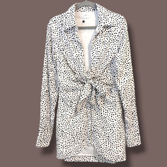 Lovers And Friends Black White Leopard Long Sleeve Plunging Neck Tie Mini Dress - Picture 1 of 12